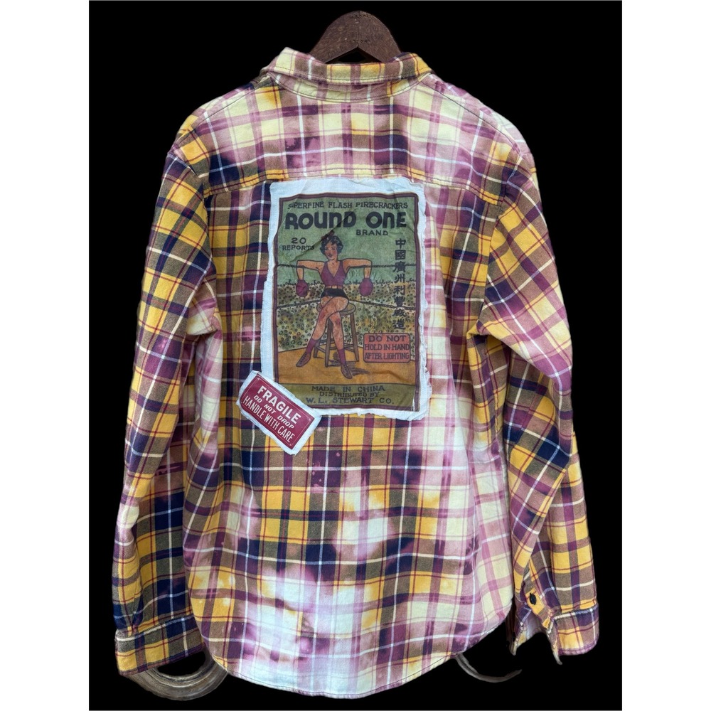 Upcycled Boxing Girl Flannel Medium Folk Art Grunge Indie Shirt - Picture 3 of 6